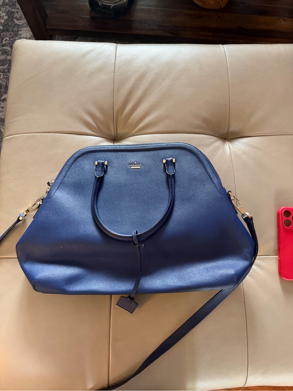 kate spade Navy Blue Leather Satchel with Gold Hardware